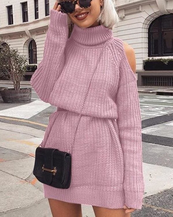 The Best Autumn Winter Turtleneck Off Shoulder Knitted Sweater Dress Women Online - Takalr