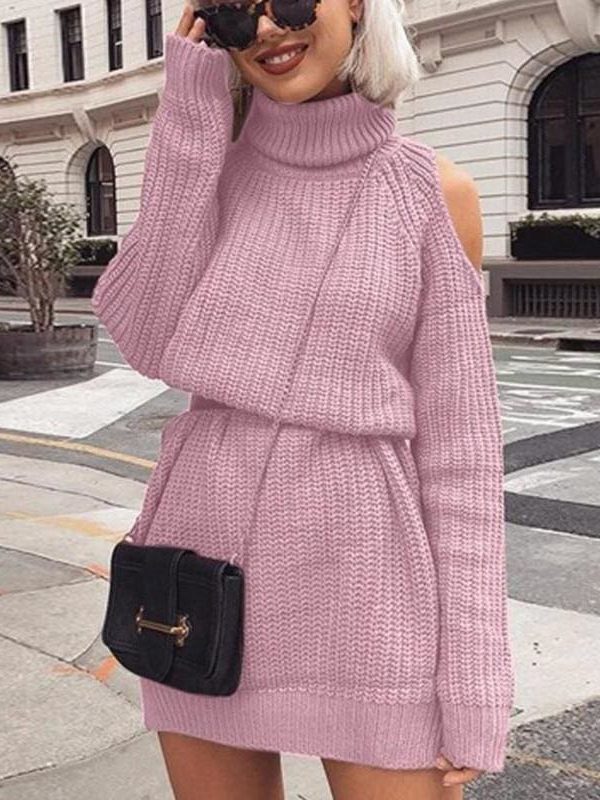 The Best Autumn Winter Turtleneck Off Shoulder Knitted Sweater Dress Women Online - Takalr