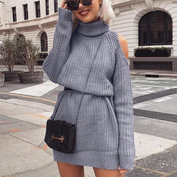 The Best Autumn Winter Turtleneck Off Shoulder Knitted Sweater Dress Women Online - Takalr