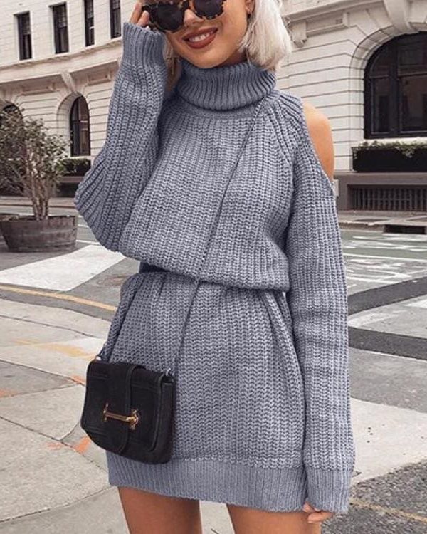 The Best Autumn Winter Turtleneck Off Shoulder Knitted Sweater Dress Women Online - Takalr