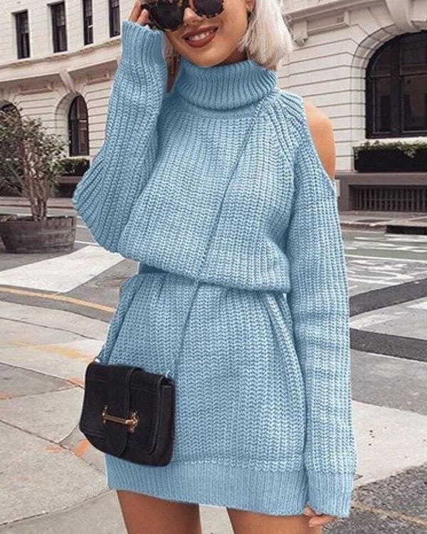 The Best Autumn Winter Turtleneck Off Shoulder Knitted Sweater Dress Women Online - Takalr