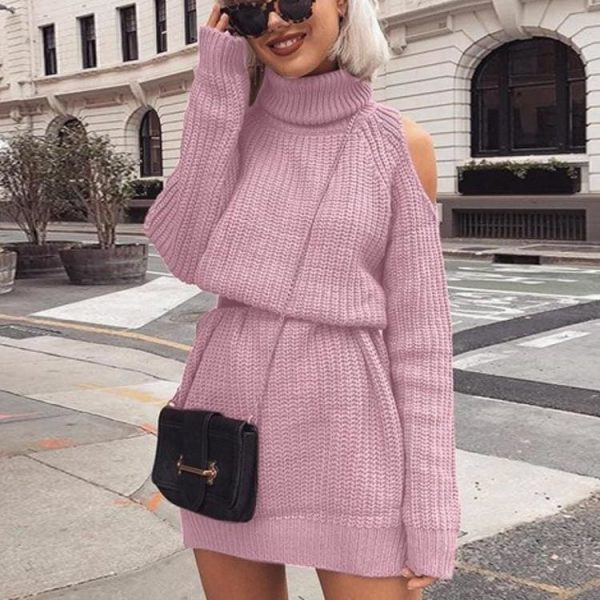 The Best Autumn Winter Turtleneck Off Shoulder Knitted Sweater Dress Women Online - Takalr