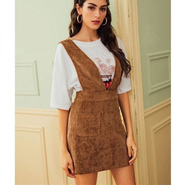 The Best Autumn Winter Women Double Pocket Corduroy Suspender Skirt Ladies Casual Frill Ruffle Elastic High Waist Skirt Online - Takalr