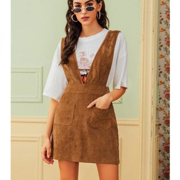 The Best Autumn Winter Women Double Pocket Corduroy Suspender Skirt Ladies Casual Frill Ruffle Elastic High Waist Skirt Online - Takalr