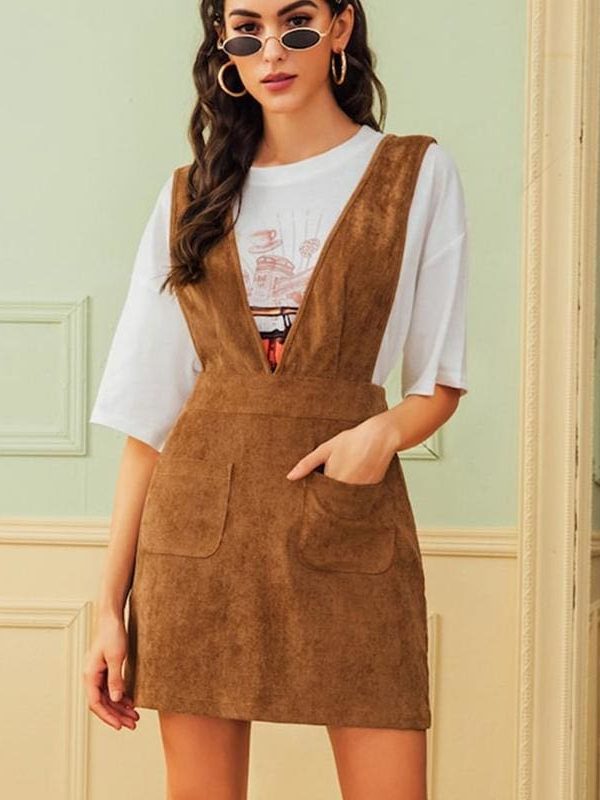 The Best Autumn Winter Women Double Pocket Corduroy Suspender Skirt Ladies Casual Frill Ruffle Elastic High Waist Skirt Online - Takalr