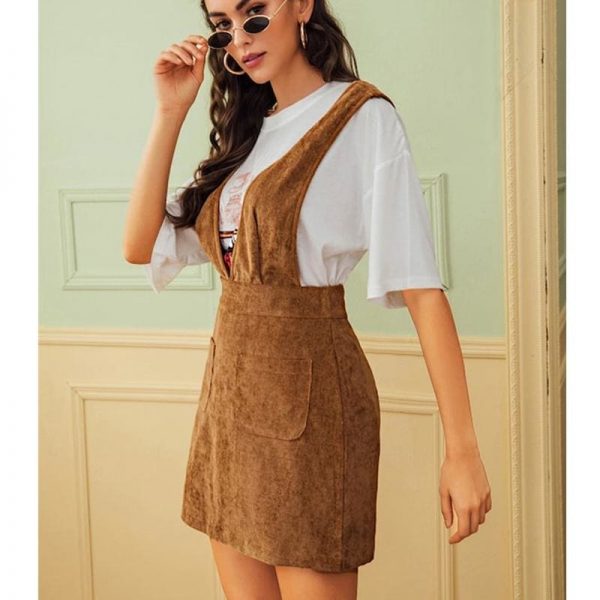 The Best Autumn Winter Women Double Pocket Corduroy Suspender Skirt Ladies Casual Frill Ruffle Elastic High Waist Skirt Online - Takalr