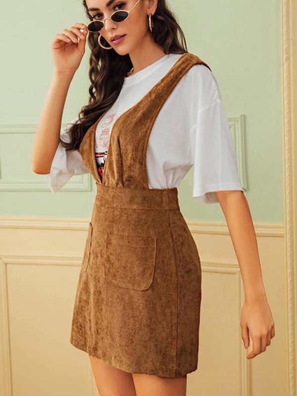 The Best Autumn Winter Women Double Pocket Corduroy Suspender Skirt Ladies Casual Frill Ruffle Elastic High Waist Skirt Online - Takalr