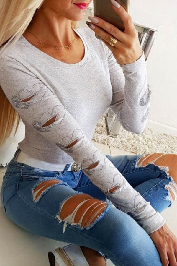 The Best Autumn Winter Women's Casual Hollow Long Sleeve T-Shirt Ladies Slim Fit Round Neck Pullover Basic Tops Tee Online - Takalr