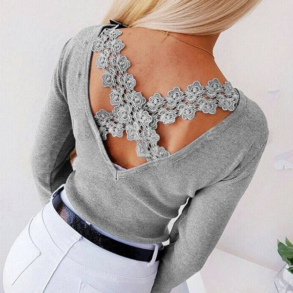 The Best Autumn Women Casual Blouse Ladies Backless Lace Cross Long Sleeve Knitting Slim Tops Loose Round Neck Shirt Online - Takalr