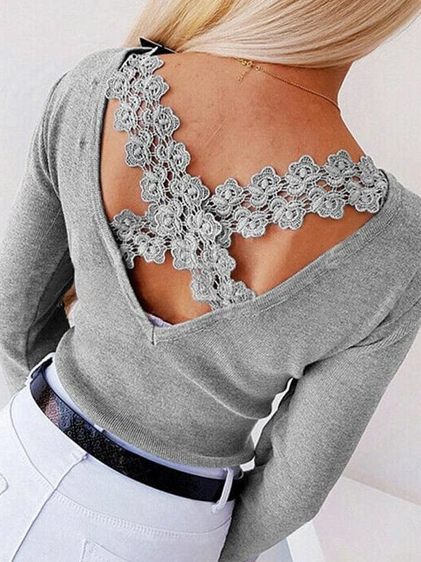 The Best Autumn Women Casual Blouse Ladies Backless Lace Cross Long Sleeve Knitting Slim Tops Loose Round Neck Shirt Online - Takalr