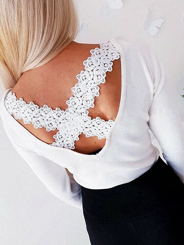 The Best Autumn Women Casual Blouse Ladies Backless Lace Cross Long Sleeve Knitting Slim Tops Loose Round Neck Shirt Online - Takalr