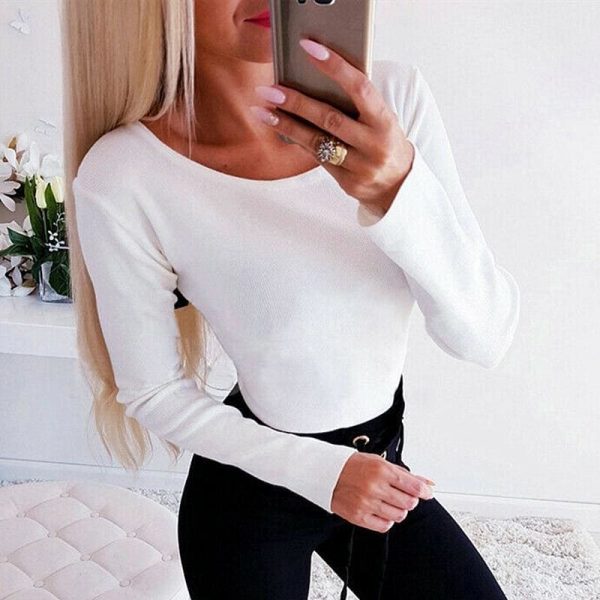 The Best Autumn Women Casual Blouse Ladies Backless Lace Cross Long Sleeve Knitting Slim Tops Loose Round Neck Shirt Online - Takalr