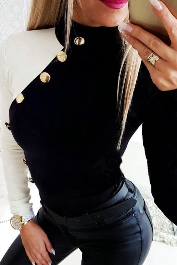 The Best Autumn Women High Collar Slim Fit Long Sleeve Tops Fashion Ladies Casual Blouse Buttons Top Shirt Outwear New Online - Takalr