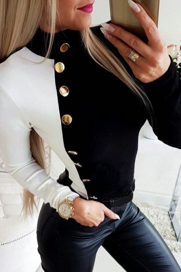 The Best Autumn Women High Collar Slim Fit Long Sleeve Tops Fashion Ladies Casual Blouse Buttons Top Shirt Outwear New Online - Takalr