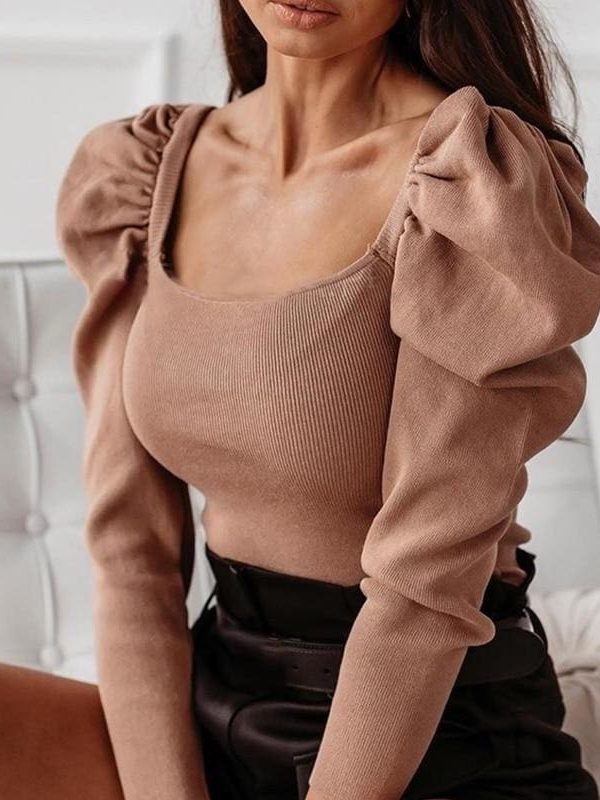 The Best Autumn Women Ladies Puff Long Sleeve Tops Pullover Bodysuit Fashion Ladies Square Neck Blouse Slin Fit Jumpsuit Tops Online - Takalr