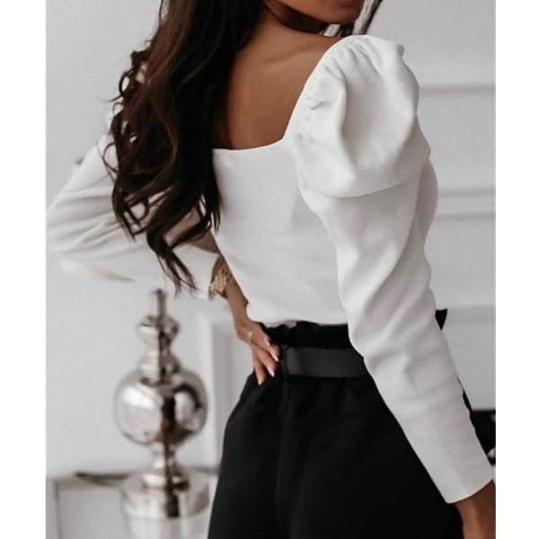 The Best Autumn Women Ladies Puff Long Sleeve Tops Pullover Bodysuit Fashion Ladies Square Neck Blouse Slin Fit Jumpsuit Tops Online - Takalr