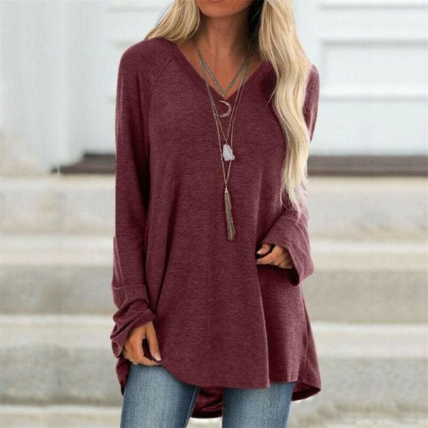 The Best Autumn Women Ladies Tee Shirt Loose Blouse V-neck Shirt Long Sleeve Casual Jumper Pullover Tops Plus Size L-5XL Online - Takalr