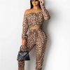 The Best Autumn Women Leopard Tracksuit Casual Off Shoulder Long Sleeve CropTops and Long Pants Fitness Outfit Sportwear Online - Takalr