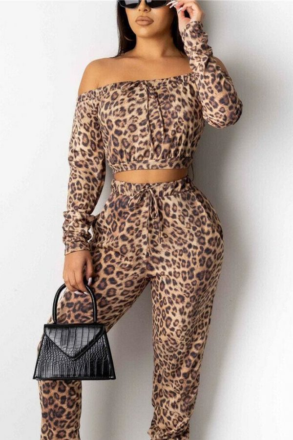 The Best Autumn Women Leopard Tracksuit Casual Off Shoulder Long Sleeve CropTops and Long Pants Fitness Outfit Sportwear Online - Takalr