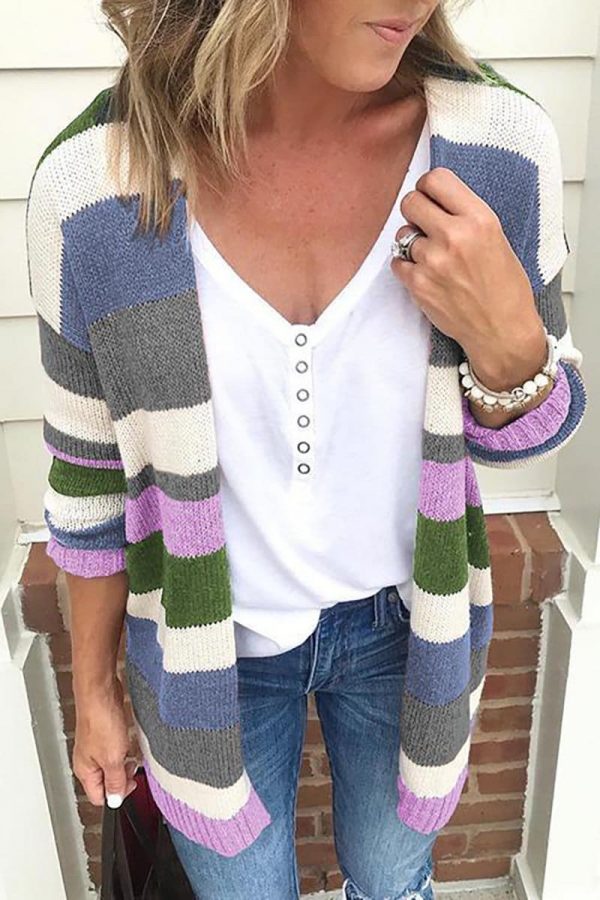 The Best Autumn Women's Color Block Striped Loose Long Sleeve Knit Sweaters Coat Online - Source Silk