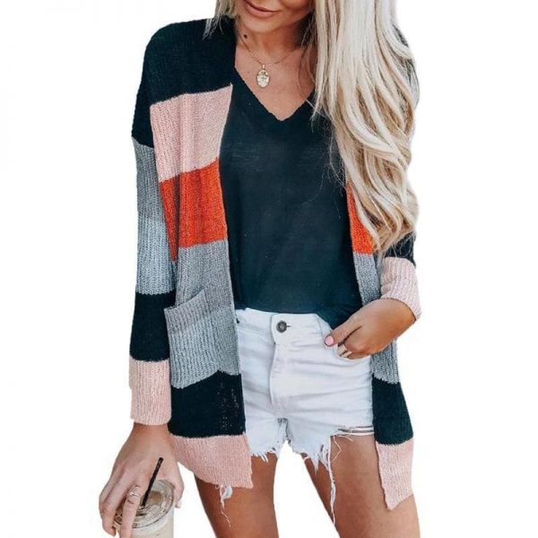 The Best Autumn Women's Color Block Striped Loose Long Sleeve Knit Sweaters Coat Online - Source Silk