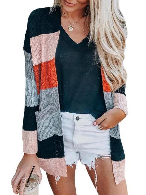 The Best Autumn Women's Color Block Striped Loose Long Sleeve Knit Sweaters Coat Online - Source Silk