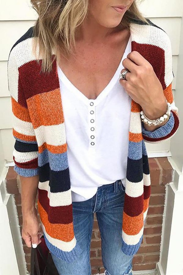 The Best Autumn Women's Color Block Striped Loose Long Sleeve Knit Sweaters Coat Online - Source Silk