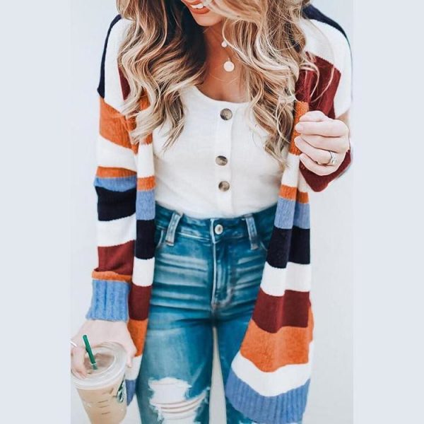 The Best Autumn Women's Color Block Striped Loose Long Sleeve Knit Sweaters Coat Online - Source Silk