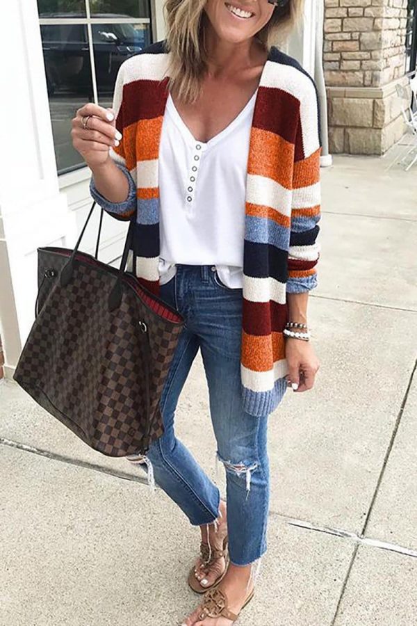 The Best Autumn Women's Color Block Striped Loose Long Sleeve Knit Sweaters Coat Online - Source Silk