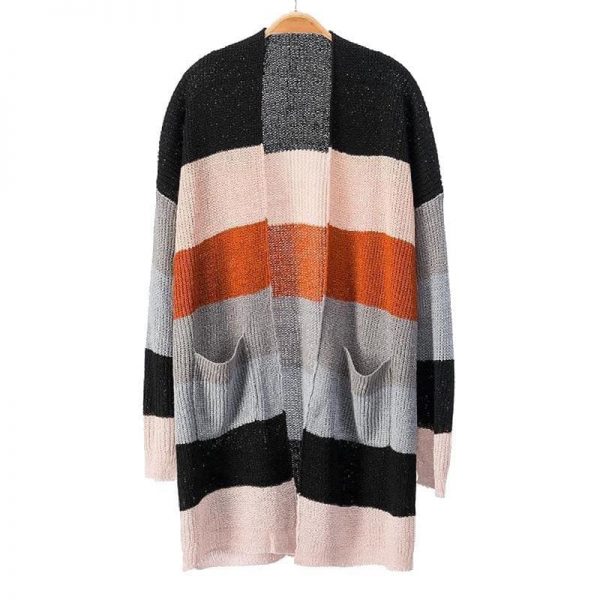 The Best Autumn Women's Color Block Striped Loose Long Sleeve Knit Sweaters Coat Online - Source Silk