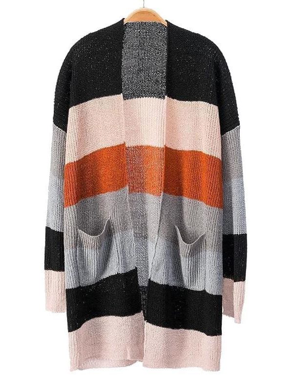 The Best Autumn Women's Color Block Striped Loose Long Sleeve Knit Sweaters Coat Online - Source Silk