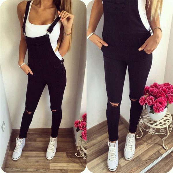 The Best Autumn Women's Jumpsuit Baggy Bib Overall Skinny Hole Black Pants Stylish Ladies Slim Trouser Outwear Online - Takalr