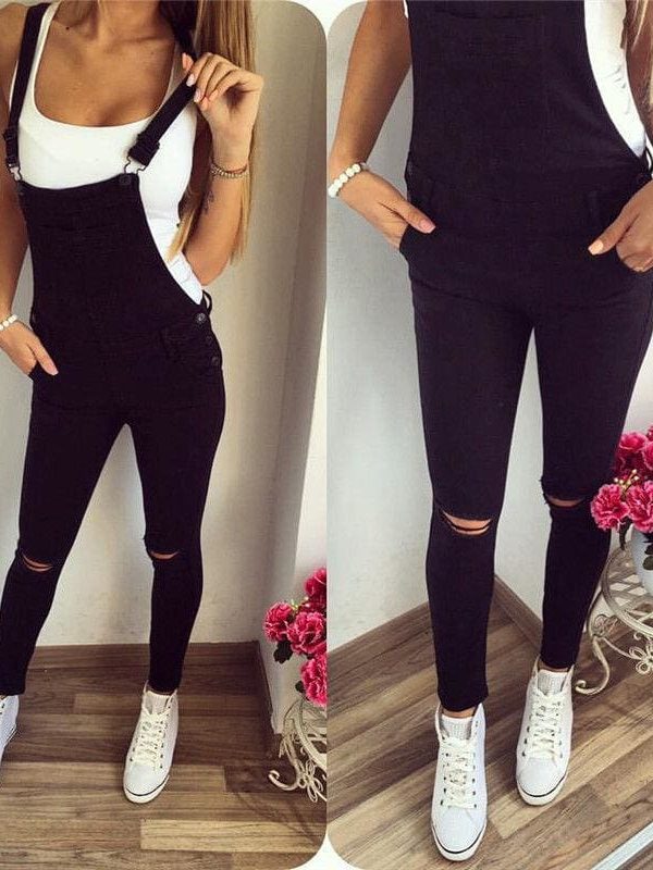 The Best Autumn Women's Jumpsuit Baggy Bib Overall Skinny Hole Black Pants Stylish Ladies Slim Trouser Outwear Online - Takalr