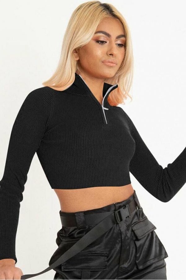 The Best Autumn Women's Long Sleeve Zipper Cropped Navel Blouse Solid Color Ladies Sexy Slim Top Tee Shirt Streetwear Online - Takalr