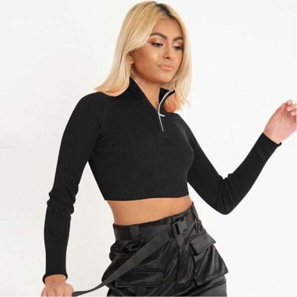 The Best Autumn Women's Long Sleeve Zipper Cropped Navel Blouse Solid Color Ladies Sexy Slim Top Tee Shirt Streetwear Online - Takalr