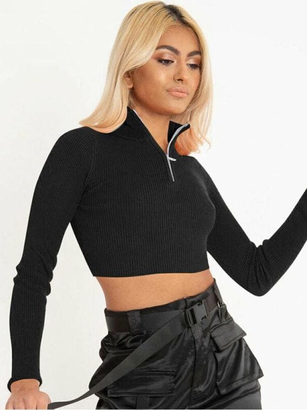 The Best Autumn Women's Long Sleeve Zipper Cropped Navel Blouse Solid Color Ladies Sexy Slim Top Tee Shirt Streetwear Online - Takalr