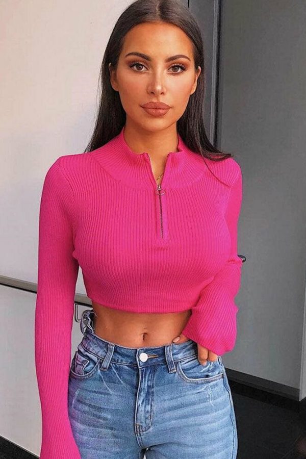 The Best Autumn Women's Long Sleeve Zipper Cropped Navel Blouse Solid Color Ladies Sexy Slim Top Tee Shirt Streetwear Online - Takalr