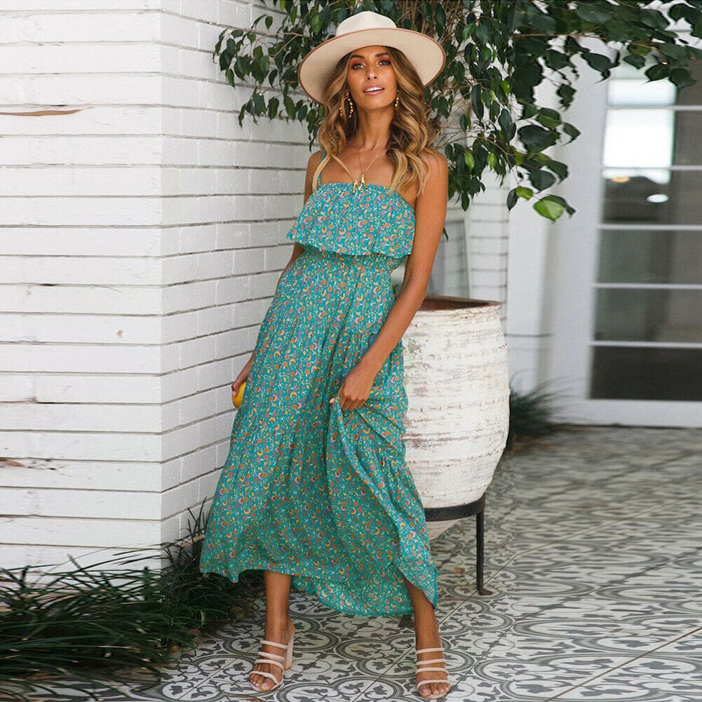 Women Ladies Summer Boho Floral Sleeveless Casual High Waist Long Maxi Dress Party Beach Dress Sundress