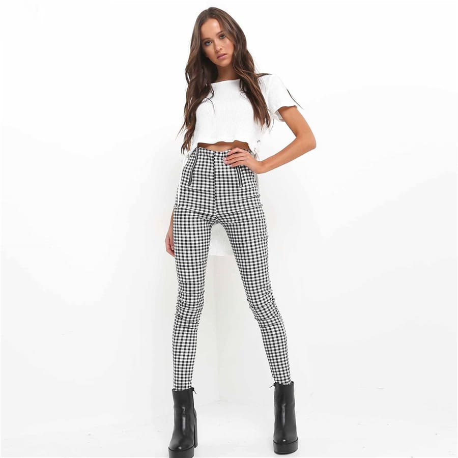 Cotton Comfortable Women Plaid Pants Side Stripe Casual Elastic Pants