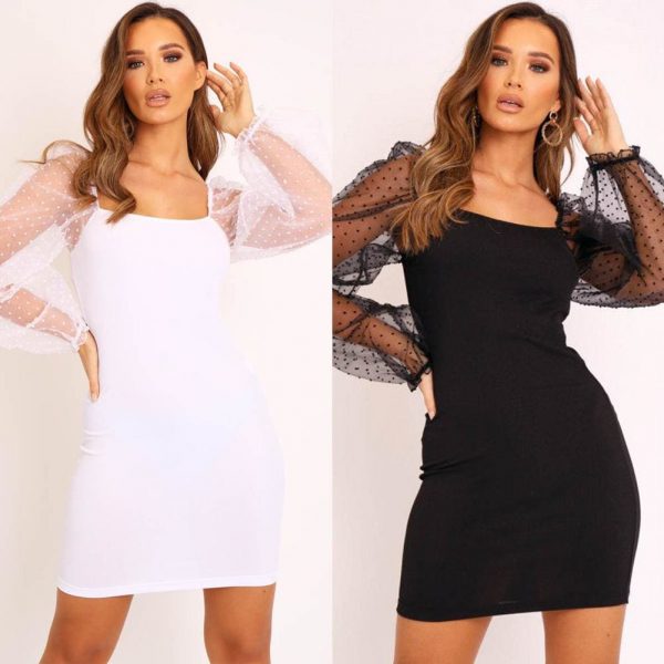 The Best Bandage Autumn Women Bodycon Dress Slim Sheath Mesh Long Sleeve Dress Online - Takalr