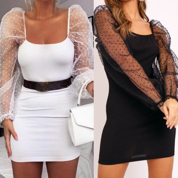 The Best Bandage Autumn Women Bodycon Dress Slim Sheath Mesh Long Sleeve Dress Online - Takalr