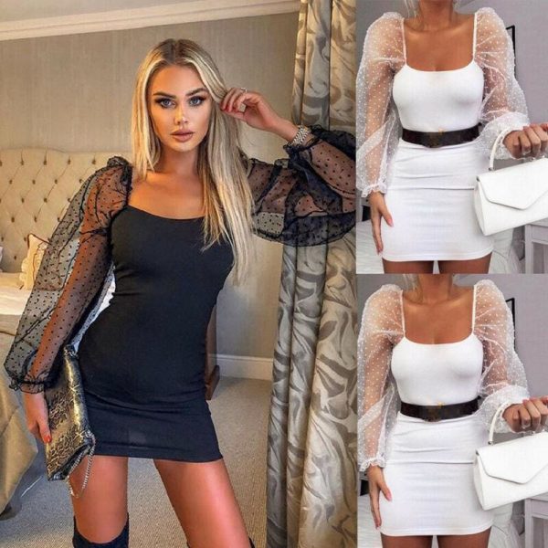 The Best Bandage Autumn Women Bodycon Dress Slim Sheath Mesh Long Sleeve Dress Online - Takalr