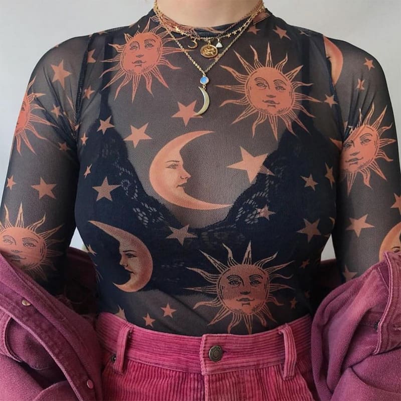 Women Sun Moon Printed See Through Transparent Mesh Crop Tops Black White Long Sleeve Sheer Slim Ladies Round Neck T-Shirt