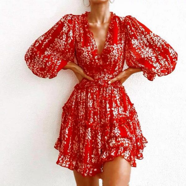 V-neck backless dress printed Elegant lantern sleeve ruffle dresses - Takalr