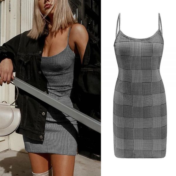 The Best Best Sale Plaid Spaghetti Strap Mini Bodycon Dress Women Wear Online - Takalr