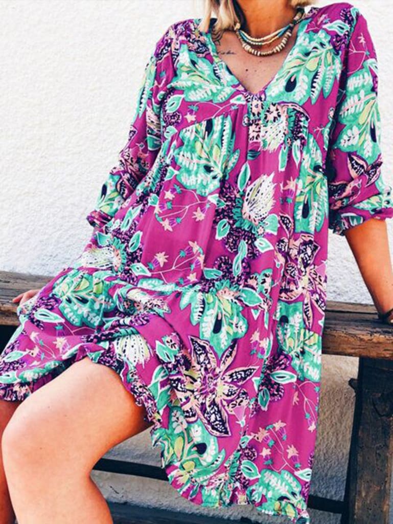 New Fashion Women Long Sleeve Summer Autumn Boho Floral Printed Beach Casual Loose Kaftan Tunic Beach Mini Dress Sundress