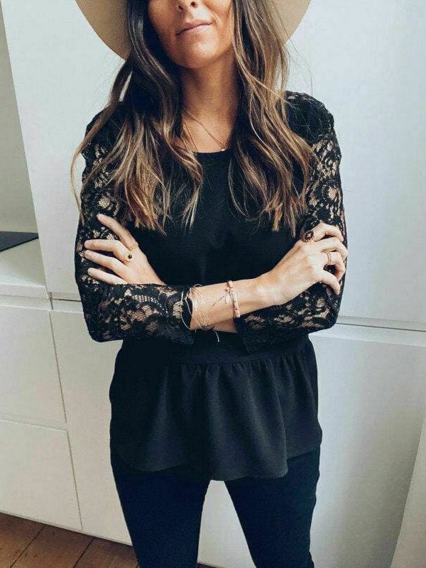 The Best Black lace Blouse Women Elegant Long Sleeve Sexy V Neck Shirts Tops Online - Takalr