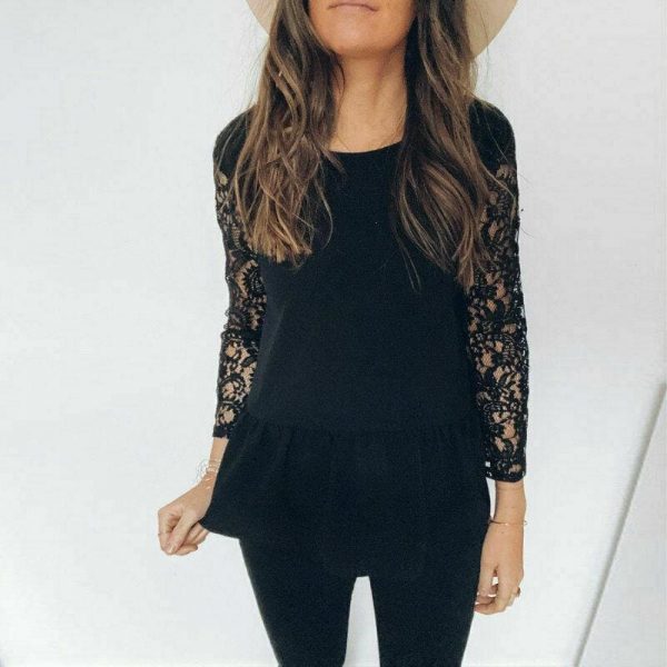 The Best Black lace Blouse Women Elegant Long Sleeve Sexy V Neck Shirts Tops Online - Takalr