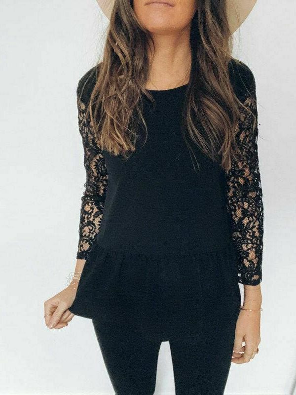 The Best Black lace Blouse Women Elegant Long Sleeve Sexy V Neck Shirts Tops Online - Takalr