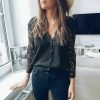 The Best Black lace Blouse Women Elegant Long Sleeve Sexy V Neck Shirts Tops Online - Takalr